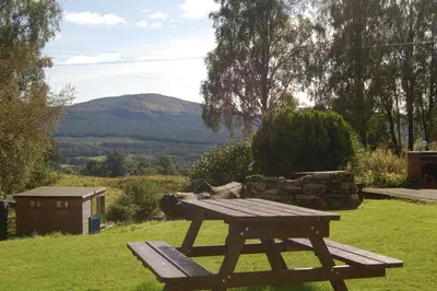 a picnic table in the grass with a mountain in the background at Woodland Gean Lodge in Killin