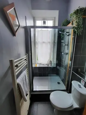 a bathroom with a shower with a toilet and a sink at Cornwall Street - 297 in Edinburgh