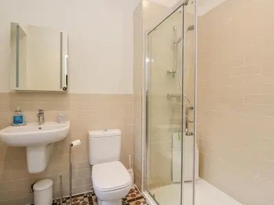 a bathroom with a toilet and a sink and a shower at East Firwood in Rothesay