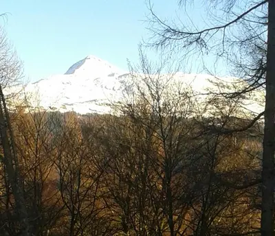 a snow covered mountain in the distance with trees at Arrochar Alps Apartment in Arrochar