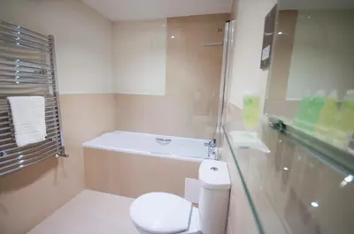 a bathroom with a toilet and a bath tub at Palmerston Suites in Edinburgh