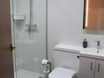 a bathroom with a shower and a toilet and a sink at The Hoolit in Crieff