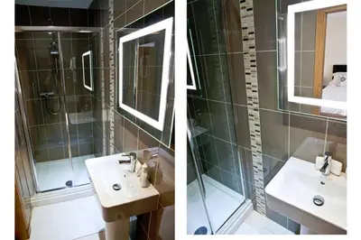 two pictures of a bathroom with a sink and a shower at Bamflatt Farm Bed & Breakfast in Strathaven