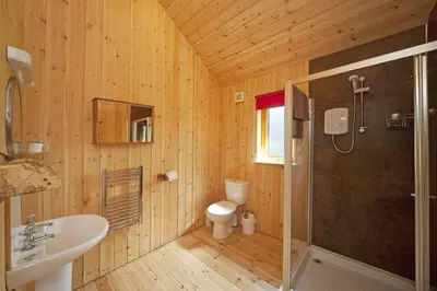a bathroom with a toilet and a sink and a shower at Fern Lodge in Dalavich