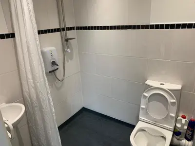 a bathroom with a white toilet and a shower at Flat Two, 212 Eaglesham Road, East Kilbride, Glasgow in Glasgow