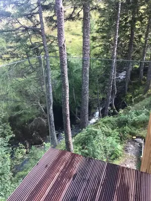 a view of a forest from the deck of a house at Red Stag with stunning loch and waterfall view in Crianlarich