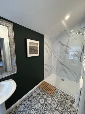 a bathroom with a shower and a sink at Fox Cottage in Moffat