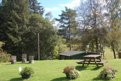 a park with a picnic table in the grass at Woodland Hazel Lodge in Killin