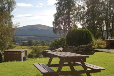 a picnic table in the grass with a mountain in the background at Woodland Spruce Lodge in Killin