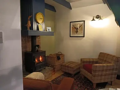 a living room with a fireplace and a couch and a stove at The Bothy Claymires Loch Lomond & Stirling in Buchlyvie
