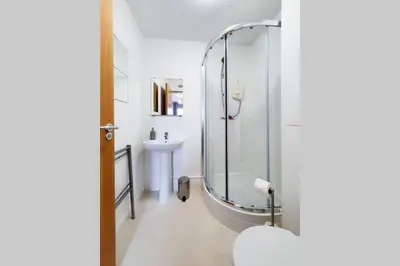 a bathroom with a shower and a sink at Hilton Wynd Apartment in Rosyth