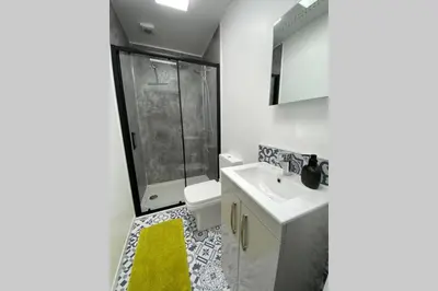 a bathroom with a shower and a sink and a toilet at Dalgety Bay Luxury Studio Apartment in Saint Davids