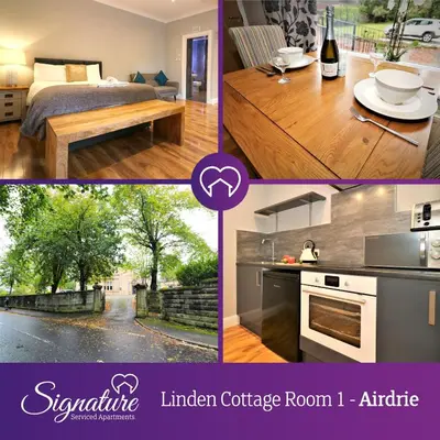 a collage of pictures of a kitchen and a room at Signature - Linden Cottage Room 1 in Airdrie