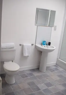 a bathroom with a toilet and a sink at Kelpies Serviced Apartments- Campbell in Pumpherston