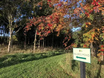 a sign in the grass next to a field with trees at Doonans Cottage in Maybole