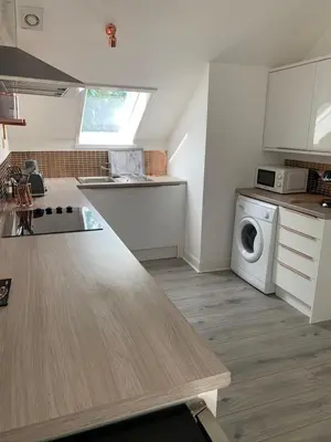 a kitchen with a washing machine and a washer and dryer at The Clachan Flat in Rosneath