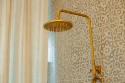 a shower head in a bathroom with a shower curtain at Oakshaw Apartment in Paisley
