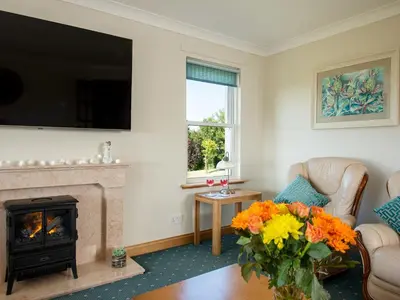 a living room with a fireplace and a tv at Cairn-O-Mhor in Lendalfoot
