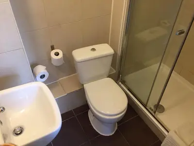 a bathroom with a toilet and a sink and a shower at Glasgow House in Glasgow
