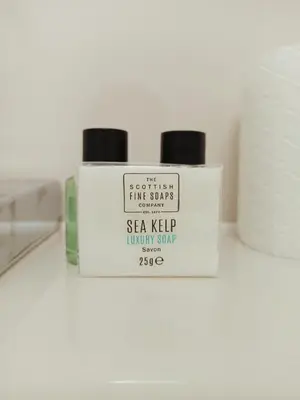 a bottle of sea kelp laundry soap and a roll of toilet paper at Anchor Hotel and Seabed Restaurant in Tarbert