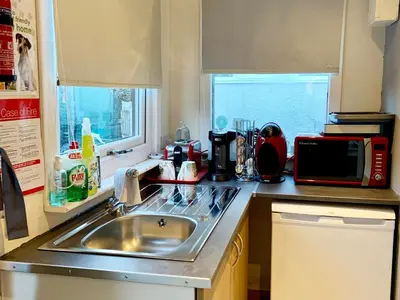 a kitchen with a sink and a microwave at Bumbles Barn in Slamannan