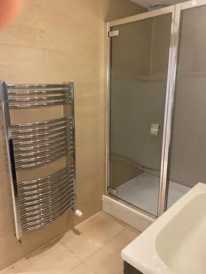 a bathroom with a shower and a sink at Perfect In The Park in Glasgow