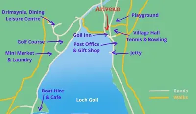 a map of the shoreline of a beach at Arivean Cottage in Lochgoilhead