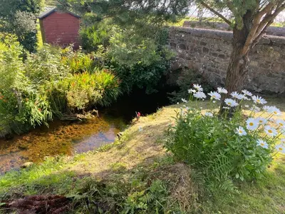 a garden with flowers and a brick wall at Lamlash- Self catering accommodation with seaviews in Lamlash