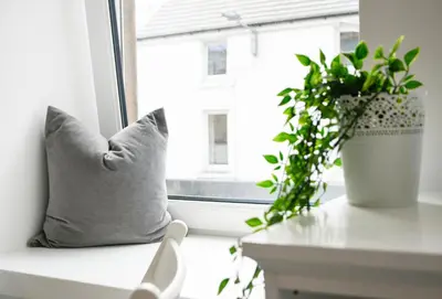 a pillow sitting on a window sill next to a plant at McCaig's Way in Oban