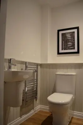 a bathroom with a white toilet and a sink at Stable Cottage in Arrochar