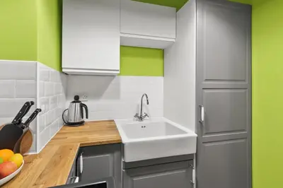 a kitchen with a white sink and green walls at Bay Apartment in Helensburgh