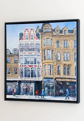 a painting of a street in front of buildings at Shandwick Apartment - Edinburgh City Centre - Sleeps 2 in Edinburgh