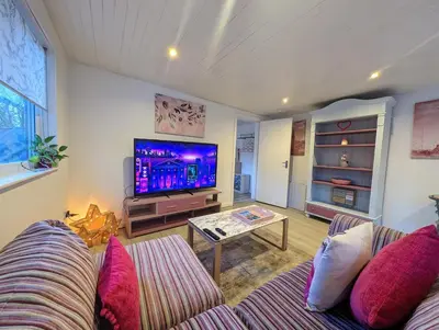 a living room with a couch and a tv at The Cabin with optional Hot Tub Projector DEPOSIT REQUIRED FOR PROJECTOR in Bonnybridge