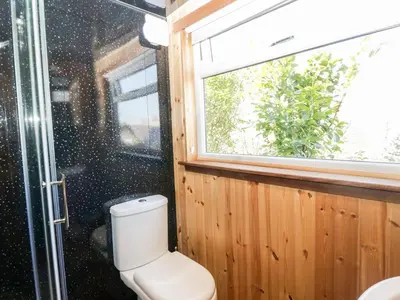 a bathroom with a toilet and a window at Blackbrae Cabin in Coatbridge