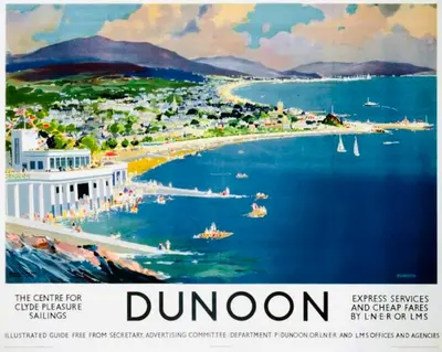 a poster of a beach with boats in the water at The Sleeping Lion - Dunoon Holiday Home in Dunoon