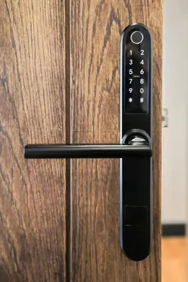a black door handle on a wooden door at Oban Bay Apartments in Oban