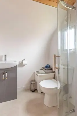 a bathroom with a toilet and a glass shower at The Galloway Steading - The Stag Hoose family cabin with Hot Tub and Fire Pit in Glenluce