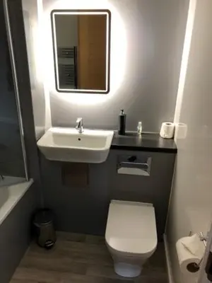 a bathroom with a sink and a toilet and a mirror at Loch Lomond Hotel in Balloch