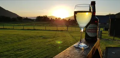 a glass of wine sitting next to a bottle of beer at Oakview Chalet in Glencoe