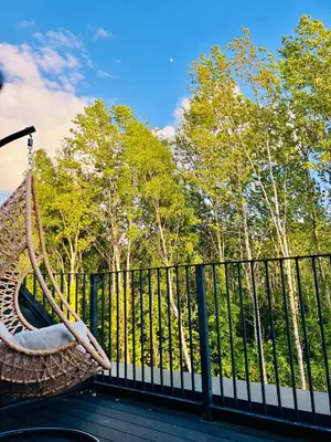 a hammock on a fence with trees in the background at Glasgow City Central Executive Triplex House, 3 Bedroom 3 Bathrooms 1 living room Kitchen - Huge Terrace for Master Bedroom - Private E Parking LEZ Congestion Zone Free - Garden - 5 mins drive to City Centre Central Station in Glasgow