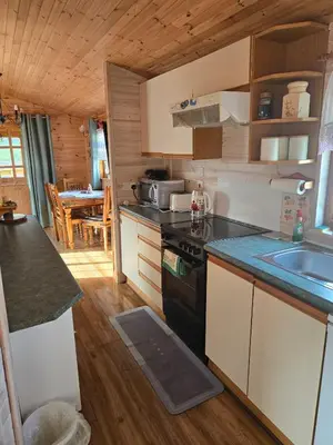 a kitchen with a sink and a stove top oven at Unique Caravan with Outdoor Space Lodge in Ballantrae