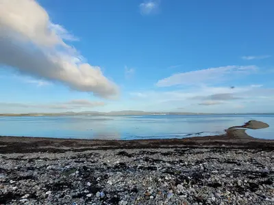 a large body of water with a rocky shoreline at Ashley Cottage in Bowmore