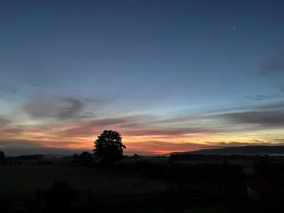 a sunset with a tree in a field at Trossachs Barn & Cabin - boutique B&B in Port of Menteith