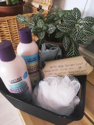 two bottles of laundry detergent sitting next to a plant at Single bedroom in quiet neighbourhood in Mount Vernon