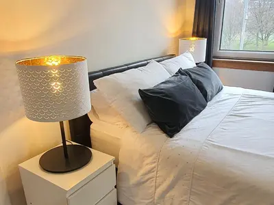 a bed with two pillows and a lamp on a night stand at Large 3 Bed Apartment Glasgow West End Free Parking & Electric Vehicle point in Glasgow