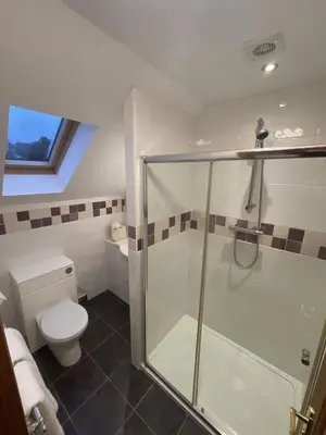 a bathroom with a shower and a toilet at Foxglove Cottages in Drymen