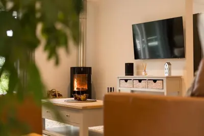 a living room with a fireplace and a tv at The Heronry Hideaway with luxury hot tub in Ballachulish
