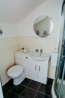 a bathroom with a toilet and a sink and a mirror at Dawn Break Guest House in Largs