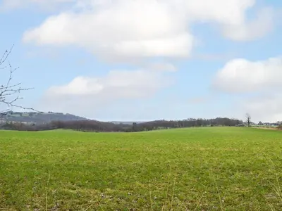 a green field with a blue sky and clouds at Pinewood Cabin in Saline