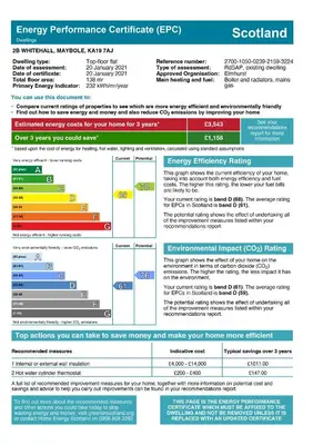 a screenshot of the energy performance certificate efp document at Grand top floor apartment in the Royal Bank House in Maybole